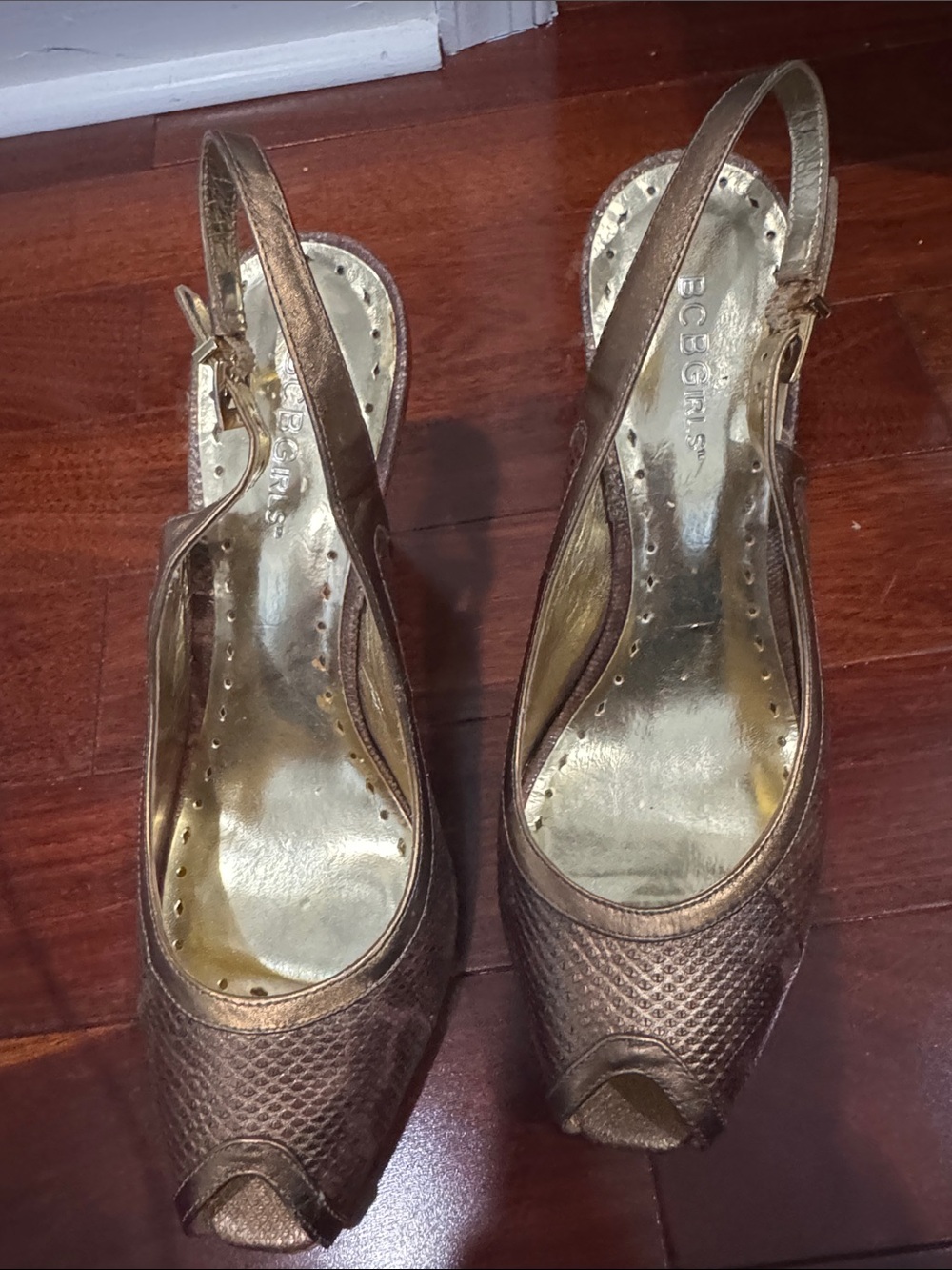 BCBGirls Metallic Bronze Peep-Toe Slingback Heels